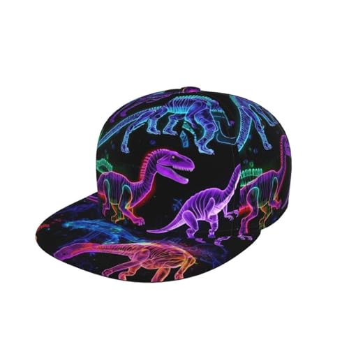 Baseball Cap Men Women - Dinosaur Neon Adjustable 3D Printed Snapback Flat Bill Hip Hop Hat