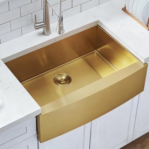 Hotis Gold Farmhouse Sink 33 Inch Stainless Steel Farmhouse Kitchen Sinks Single Bowl Brushed Gold 33x22 Inch Apron Front Farm Sinks Brass Undermount Sink With Drain