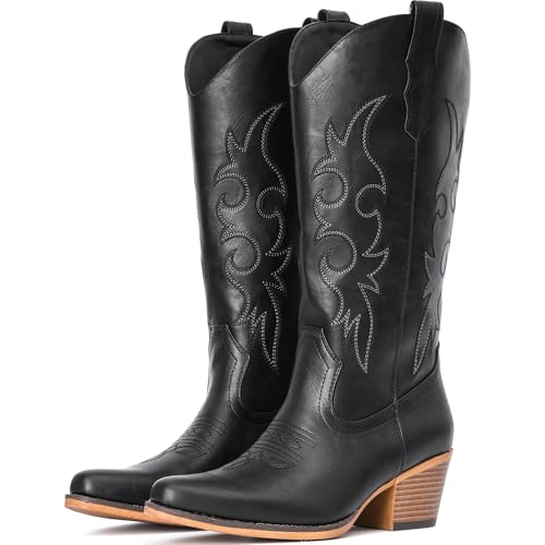 IUV Cowboy Boots For Women Western Cowgirl Boots Mid Calf Snip Toe Boot With Chunky Heel
