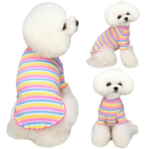 Yaopelky Small Medium Dog Clothes Rainbow Striped Dog Shirts Stretchable Long Sleeve Cat T-Shirt Pet Outfits for Chihuahua Yorkie Teddy (Pink edge
