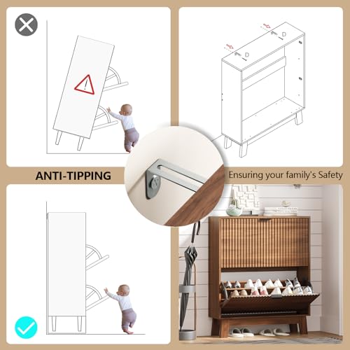 Image of Shoe Cabinet Storage for Entryway with 2 Flip Drawers, Fluted Narrow Shoe Organizer with Wooden Legs, Freestanding Slim Shoe Storage Hidden Shoe Rack Organizer for Front Door Entrance, Walnut