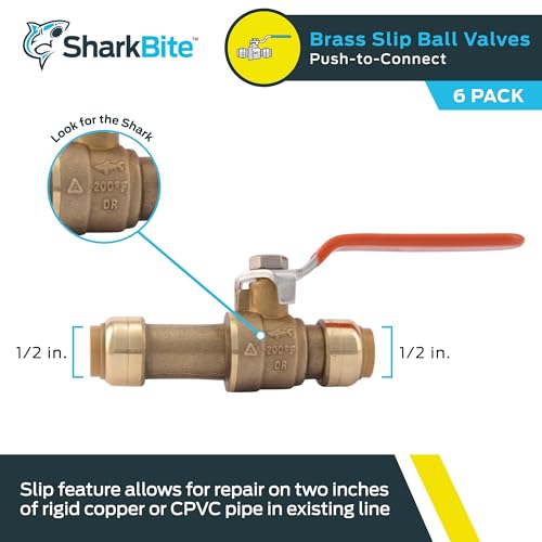 Image of SharkBite 1 /2 Inch Slip Ball Valve, Pack of 6, Push to Connect Brass Plumbing Fitting, PEX Pipe, Copper, CPVC, PE-RT, HDPE, 24735LFZ