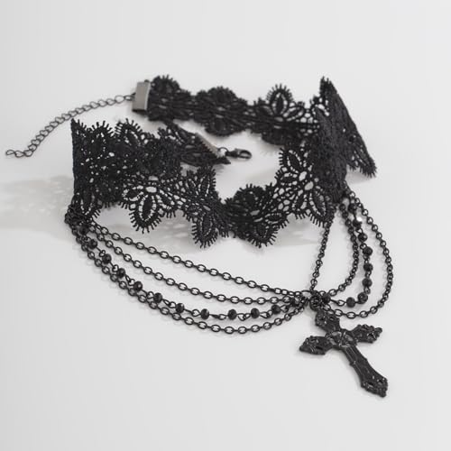 PINK TOWN Gothic Black Lace Choker Necklace for Women Goth Crystal Pendant Necklace Vintage Vampire Choker Necklace Christmas Halloween Birthday Jewelry Accessories4