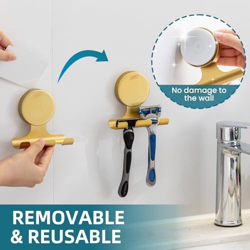 Image of TAILI Razor Holder for Shower with Suction Cup Metal Vacuum Shower Hooks Reusable Bathroom Suction Hooks Razor Holder for Shaver Towels Robes Multipurpose Hanging 2 Packs, Round, Gold