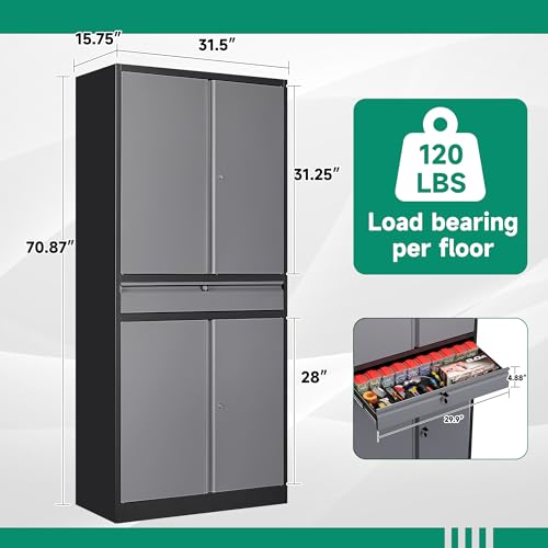 Image of Letaya Metal Garage Storage Cabinet with Drawer,4 Door Tool Cabinet with Lock-2 Adjustable Shelves for Garage Home Office Utility Room (Black & Gray)