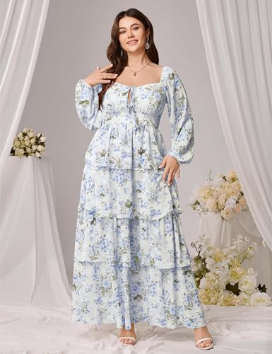 Image of EYWOL Womens Plus Size Floral Tiered Ruffle Long Sleeve Evening Party Wedding Guest Dress