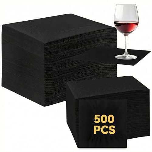 Image of Henoyso 500 Pack 2 Ply 9.8 x 9.8 Inch Black Cocktail Napkins Bulk