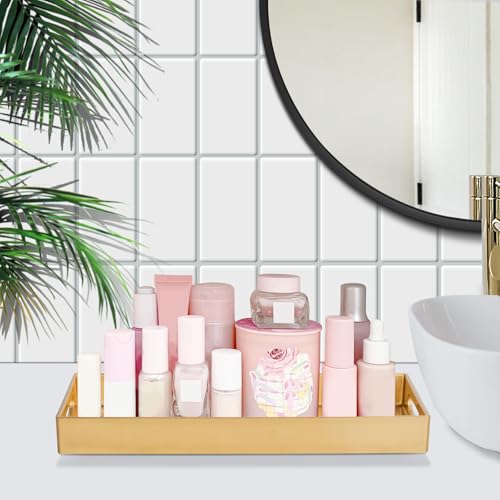 MAONAME Gold Vanity Tray, Plastic Decorative Tray, Rectangular Trays with Handles, Narrow Bathroom Trays for Toilet Tank, 13.8" X 6" X 1.57" by MAONAME - Image 7
