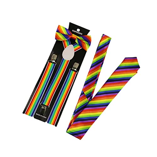 minkissy 3Pcs Rainbow Stripe Suspenders and Bow Tie Unisex Elastic Braces for Parties Costumes and Daily Wear Comfortable and Secure Fit