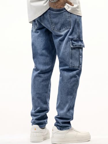 Image of JMIERR Men's Elastic Waist Cargo Jeans Stretch Denim Pants with Drawstring Straight Leg for Casual Daily Wear