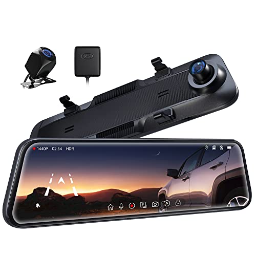 Pelsee P12 1440P Mirror Dash Cam, 12'' Backup Camera Rear View Mirror Camera, Dual Dash Cameras...