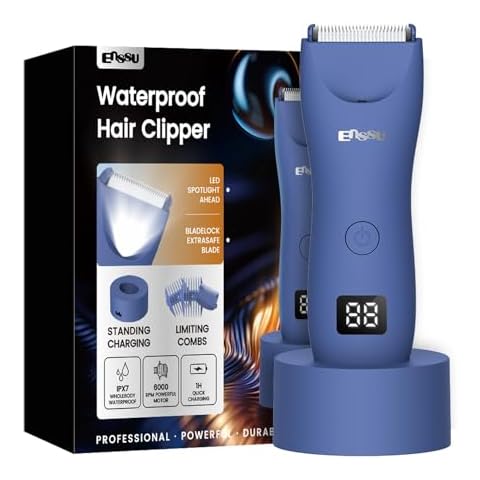 ENSSU Body Hair Trimmer for Men, Manscape Waterproof Pubic & Groin Hair Trimmer with Skin-Safe Ceramic Blade, Electric Ball Trimmer for Chest & Beard, LCD Display, Recharge Dock Cover