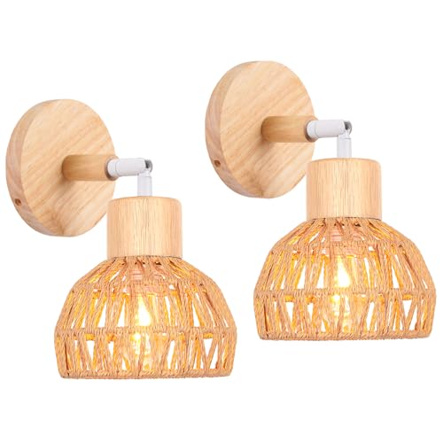 iDEGU Lot de 2 Appliques Murales Interieures Rétro Lampe Murale en Rotin et Bois Ajustable Luminaire Plafonnier Applique Vintage Décoration pour Salon...