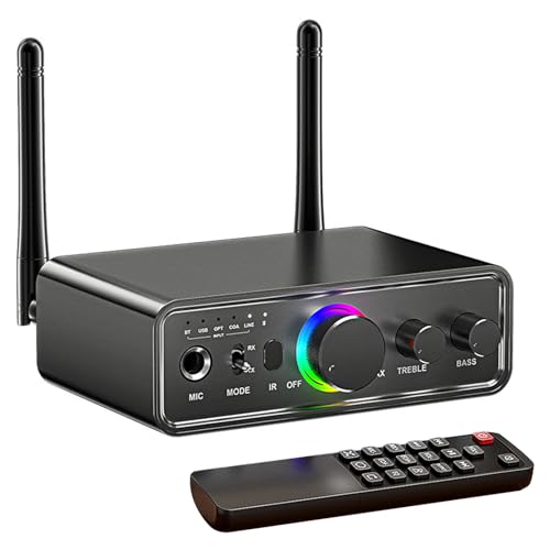 Bluetooth 5.3 Transmitter Receiver 2-in-1 Wireless Audio Adapter with Remote 6.5mm Mic Connection AUX RCA Coaxial Optical USB Input Bluetooth Audio Receiver for TV/PC/Headphone/KTV/Home Stereo, Black
