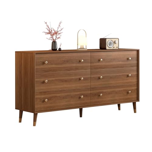 Image of Messenya 6 Drawer Dresser for Bedroom, 55 Inch Walnut Dresser for Closet, Mid Century Wood Chest of Drawers with Natural Texture & Pre-Embedded Slots for TV Stand, Living Room, Hallway, Office