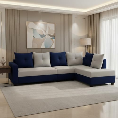 Image of SOCOZI Oriana 6 Seater RHS L Shape Sofa Set | Soft Velvet Suede Fabric | Modern Design | Plush Comfort Cushions for Living Room (Dark Blue-Light Grey)