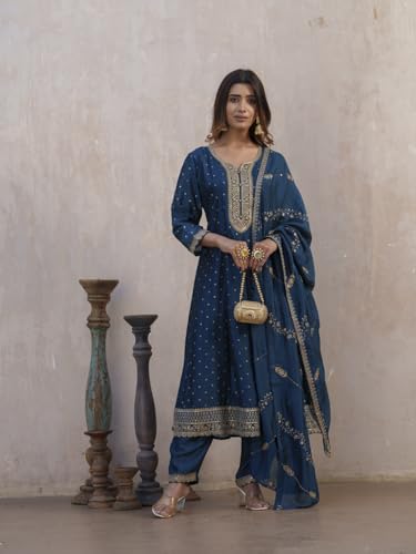Image of Kaari Women's Embroidered Kurta Set with Dupatta - Festive Kurta Set for Women Polyester Blend