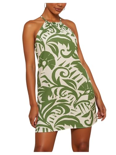 Image of SweatyRocks Women's Tropical Print Halter Dresses Sleeveless Holiday Summer Mini Dress
