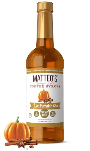 Matteo's Pumpkin Chai Syrup for Coffee, Lattes, Cappuccinos & Desserts – Sugar-Free Sweetener for Beverages, Keto Friendly, Zero Calories, Indulgent Flavor, Non-Alcoholic, 33.8oz (1pk)
