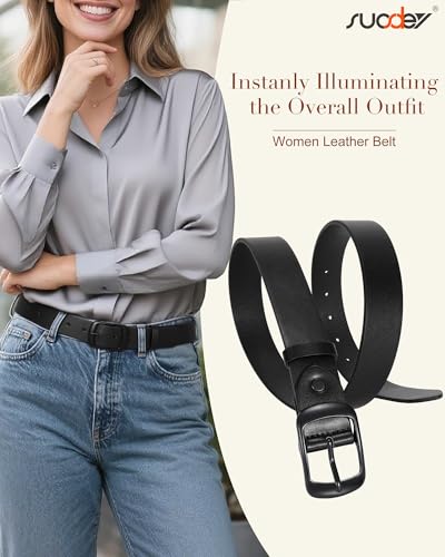 Image of SUOSDEY Fashion Womens Leather Belt, Soft Waist Belt with Pin Buckle for Jeans Pants,width 1.3 inch, 11-black+coffee (Matte Black Buckle), Small: fits waist from 25 inch-30 inch