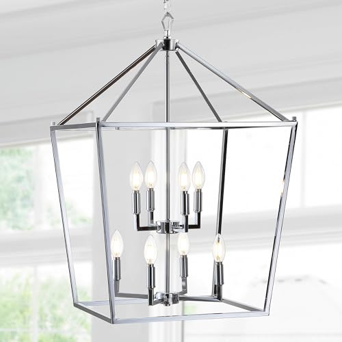 Image of JONATHAN Y Pagoda 8-Light Pendant 20 inch Cage, Chrome | Traditional Metal Farmhouse Hanging Lantern Ceiling Fixture, Adjustable Chain Link, For Kitchen Island, LED Bulb Included