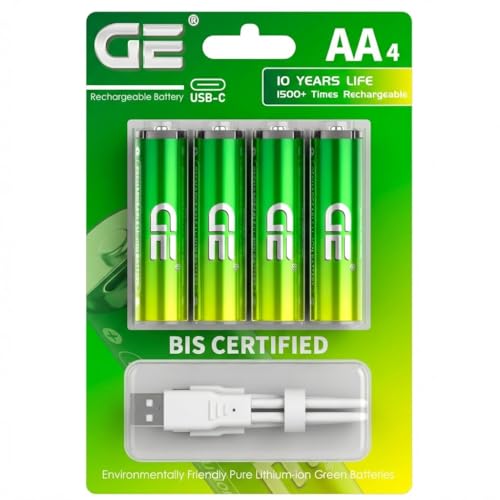 Image of GE AA rechargeable batteries (Lithium 1.5V - 2500 mWh) - in 2025 | Fast Charge (Direct USB‑C + Wireless) | pack of 4 batteries | 10 years of life and 1,500+ recharges