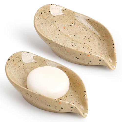 Soap Dish, Self Draining Soap Dishes 2PCS, Leaf Shape Ceramic Bar Soap Holder Drain Soap Dishes for Bathroom Sink Shower Kitchen, Easy to Clean Keeps Soap Dry, ANTIS'S HOME Lightcurry-2pcs-e