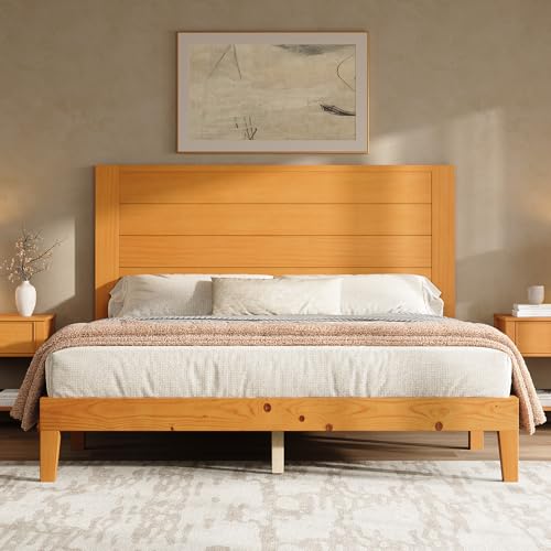 Image of AMERLIFE Queen Size Bed Frame with 48 inch Tall Headboard, Mid Century Modern Solid Wood Platform Bed with Silent Wood Slat System, No Box Spring Needed, Under-Bed Storage, Natural