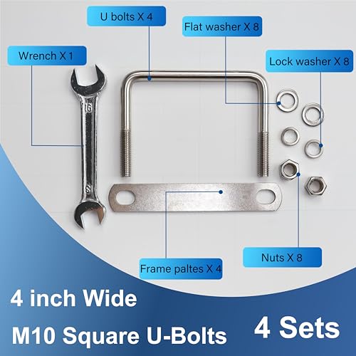 Image of 4 Pcs M10 Square U Bolts 4 Inch Wide, 3 /8 inch x 4 inchW x 3 inch L