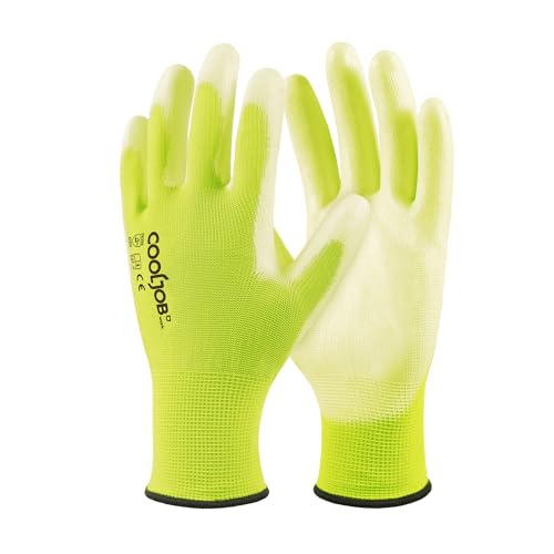 Image of COOLJOB 60 Pairs Safety Work Gloves Pack Bulk with Grip PU Coating | Breathable Lightweight Gloves with Polyurethane Dipped for Men Women, 13 Gauge Seamless Knit Thin Gloves, Yellow Small