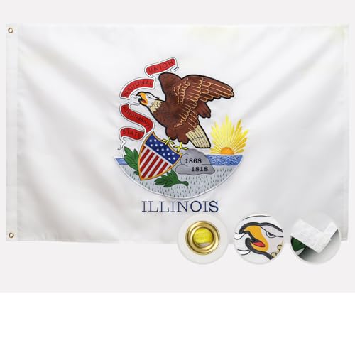 Double Sided Illinois State Flag 3x5 Outdoor The Longest Lasting IL Flags Heavy Duty 210D Nylon Sewn Stripes Embroidered Stronger Brass Grommets 4 Stitched Hemming Perfect for Outside