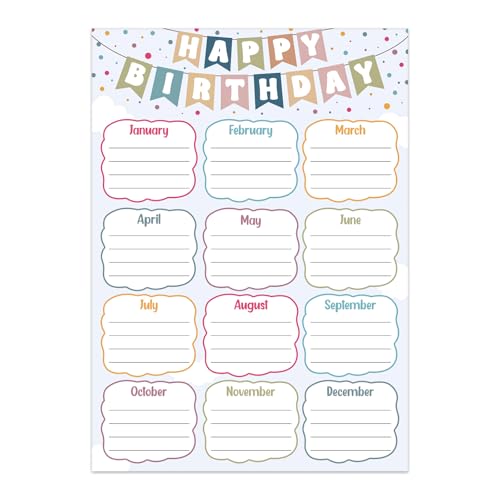 Image of BIZIBAFF Birthday Chart for Classroom - Boho Happy Birthday Poster Reusable Birthday Calendar Laminated Class Birthday Chart Bulletin Board Decorations Back to School Teacher Supplies