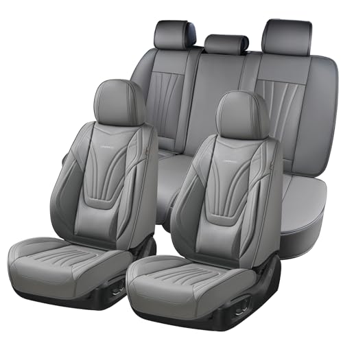 Image of Coverado Car Seat Covers Full Set, 5 Piece Car Seat Protector with Lumbar Support & Removable Headrest, Breathable Leather Front Rear Seat Cushion Universal Fit for Truck Automotive Gray