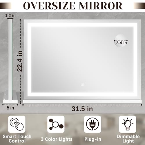 Image of ROLOVE 31 inch x 22 inch Large Lighted Vanity Mirror with Lights, Dimmable 3 Modes, LED Makeup Mirror for Bathroom ＆ Dressing Room, Tabletop or Wall-Mounted, 10X Magnification, White