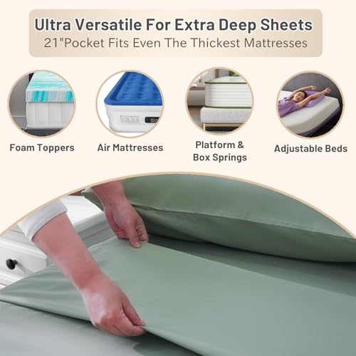 MEISHANG Extra Deep Pocket Queen Sheets Cotton - 1000 Thread Count Sheets Queen - Fits 18"-24" in Deep Mattress,100% Egyptian Cotton,Sateen Weave, Soft & Breathable - 4 Piece (Queen, Sage Green)