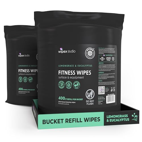 Wipex Gym Wipes Bucket Refill Roll - EWG Verified - Plant-based Fitness Equipment Wipes Lemongrass Eucalyptus & Vinegar Wipes to Clean Surfaces Yoga Mat & Gym Cleaner 400 Count (Pack of 2)