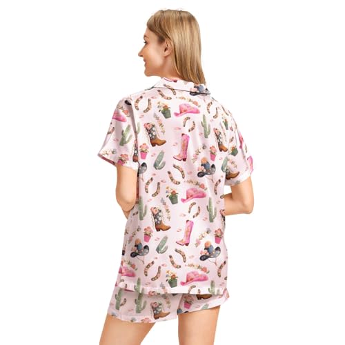Image of Funny Pajamas for Women Set Print Satin Loungewear Pjs Short Sleeve Button Down Top and Shorts Sets Sleepwear XS-3XL