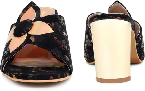 Image of Action Women's Floral Suede Mules| Black with Peach Flower Applique| Gold-Tone Heel Dark Brown