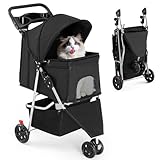 SMUG 3 Wheels Pet Stroller, Cats and Dog Strollers with Storage Basket and Cup Holder, Breathable Mesh, Lightweight Travel Carrier, Waterproof and Foldable for Small Pets Outdoor Walk, Black