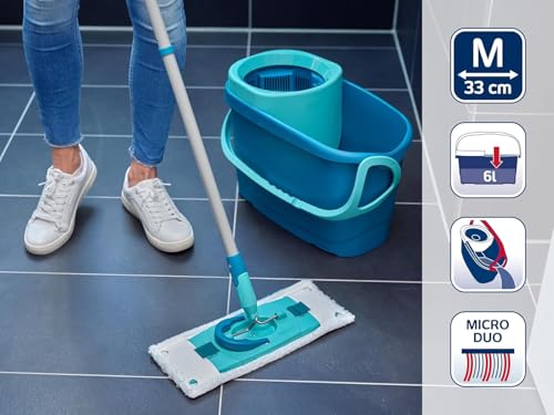 Leifheit Set CLEAN Twist M Flachwischer Ergo 2.0, Bodenwischer mit 1x Mikrofaser Bezug für alle glatten Böden und 1x elektrostatischem Staubtuch, Wischmopp mit Click-System, mit Schleudertechnologie – Bild 4