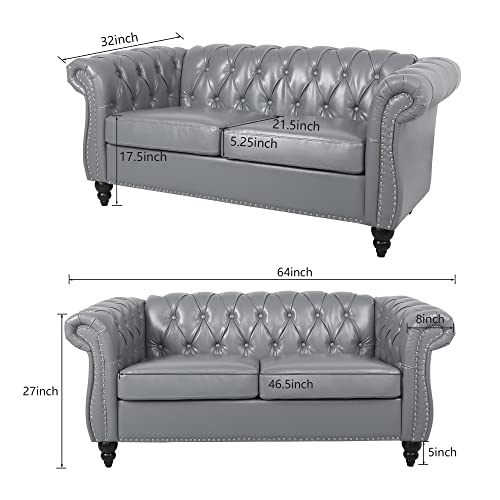 Image of LEVNARY Leather Sofa, Chesterfield Tufted Upholstered 2 Seater Couch, Modern Loveseat Couch Classic Furniture for Living Room Bedroom (Gray)