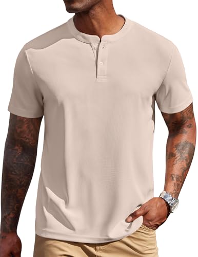 COOFANDY Mens Henley Shirts Short Sleeve Casual Button Textured T Shirt Basic Soild Tee Henley Summer Top Light Khaki