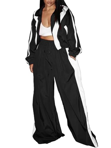 Ecirod Womens Color Block Sweatsuit Set 2 Piece Outfits Zip Up Sweatshirt High Waisted Wide Leg Pants with Pockets
