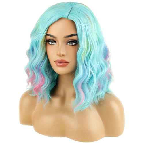 Image of BERON Colorful and Blue Green Short Curly Wave Wig for Women Girls Green Blue Wavy Heat Resistant Synthetic Wig for Cosplay Costume Party or Daily