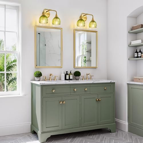 Image of Bathroom Vanity Light Fixtures: 2-Lights Vintage Bathroom Lights Over Mirror with Ribbed Green Tulip Glass Shade - 14 inch Brushed Gold Wall Sconce Bath Lighting