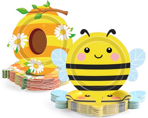 ojustbeok 48pcs Bee party decorations Beehive Paper Plates Durable Bee Birthday Dessert Cake Plates with Honeycomb Patterns for Baby Shower Garden Celebrations Party 7 Inch Dinnerware Supplies