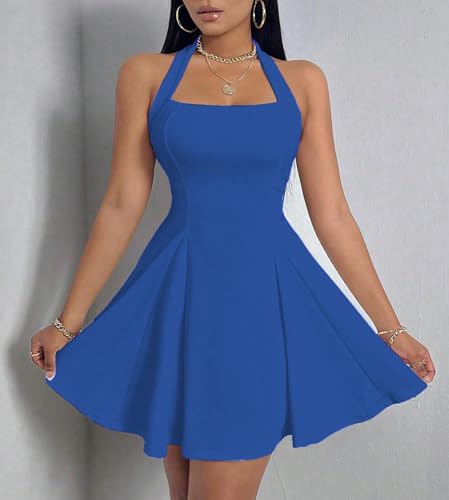 Image of PerZeal Women's Summer Halter Dress Backless Mini Beach Party Dress Sleeveless A-Line Sundress Casual Club Dress