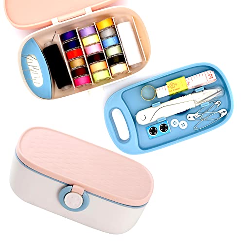 Skyzone Kit de costura para adultos, caja de costura portátil con accesorios de costura, aguja e hilo para el hogar, viajes, juego de herramientas de costura (rosa)