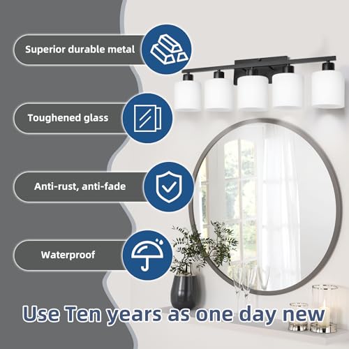 Image of SILAMPDI Black Bathroom Light Fixtures Over Mirror, 5-Light Vanity Lights for Bathroom, Modern Wall Sconces Lighting for Bedroom Living Room, Milky White Glass Shades, E26 Base, Bulbs Not Included