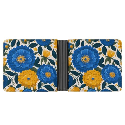 Yellow Blue Flowers Soft PU Leather Bifold Wallet, Coin Purse Credit Pass Case, Durable Card-Holder Slim Billfold for Men Woman Money Storage3